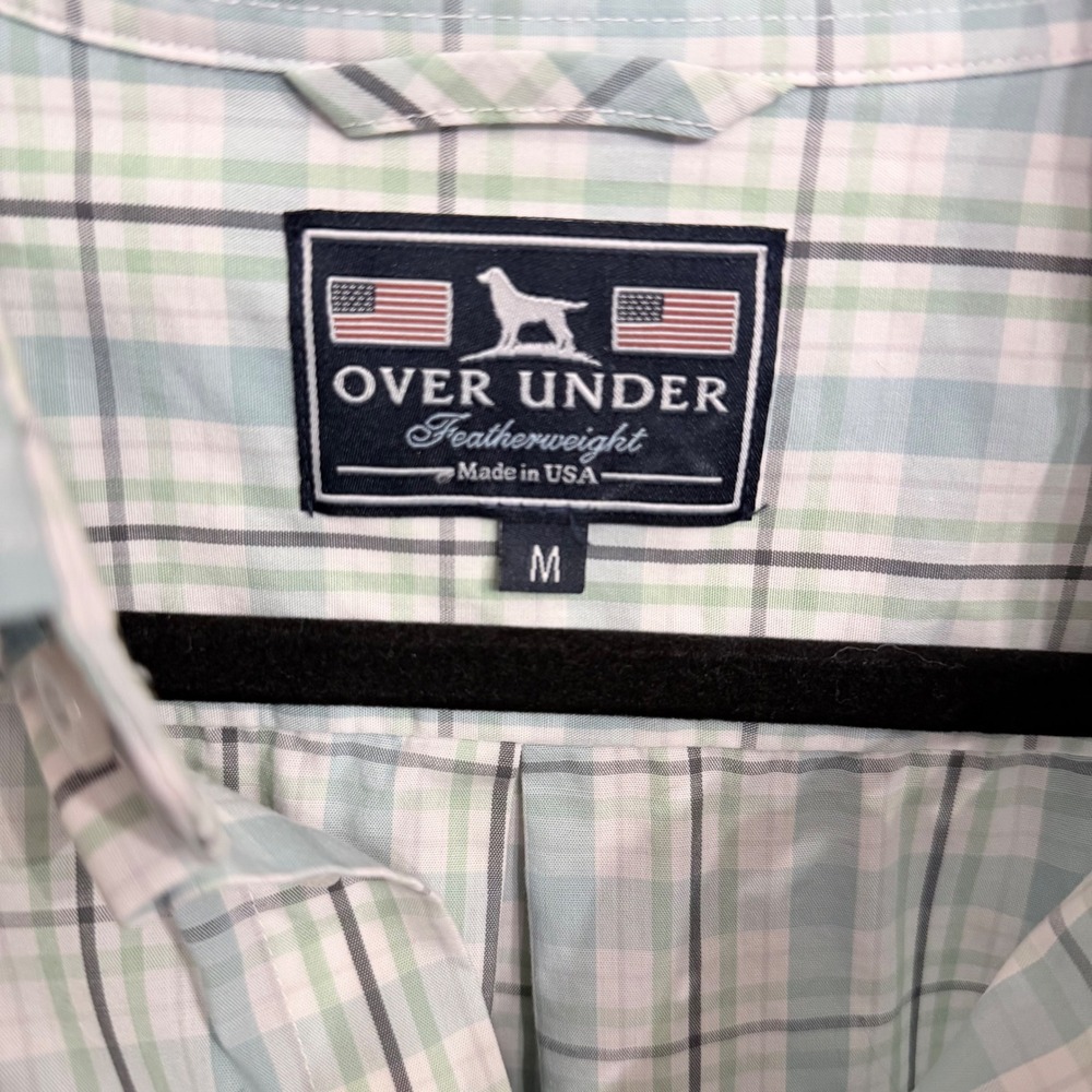 Over Under Featherweight Mens Medium Plaid Button Down Shirt Blue Green USA Made - Picture 5 of 8